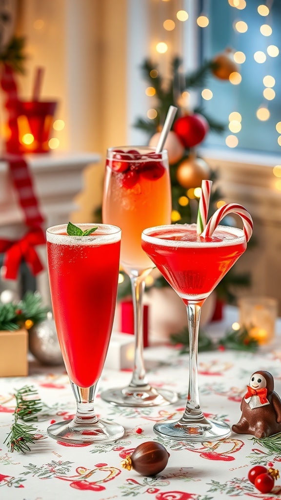 Festive Christmas Cocktails Recipe A selection of Christmas cocktails including eggnog, cranberry mimosa, and peppermint martini on a festive table.